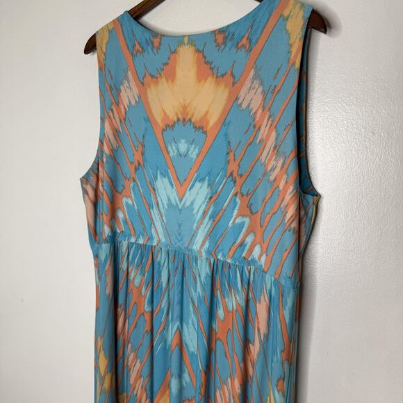 Ruby Rd Dress Womens 1X Blue Orange Sleeveless Maxi Jewel Neck Aztec Boho Print - Picture 4 of 6
